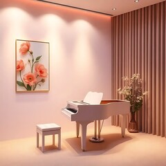 White Grand Piano In A Soft Pink Room With Flowers