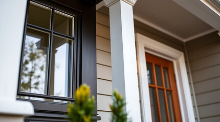Fototapeta premium Elegant Home Exterior: Modern Architecture, Classic Design. High-quality Window and Door Details. Real Estate Photography