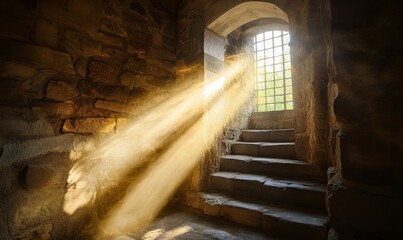 Sunlight Streaming Through a Window in a Stone Room with Stairs