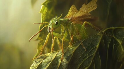 Green insect with wings on leaf.