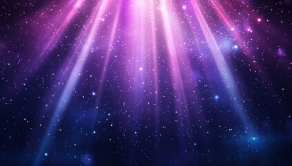 Obraz premium Abstract cosmic background featuring colorful beams of light shining through a galaxy filled with shimmering stars and deep space hues, creating an ethereal visual experience.