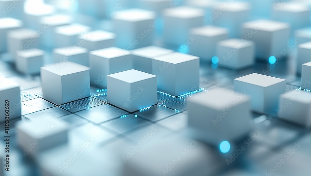 Poster abstract cubes on digital grid background with futuristic blue lights and depth perspective for tech