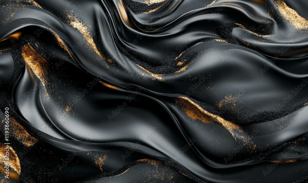 Poster swirling black and gold wave pattern with a sense of energy and dynamism, creating a sense of moveme