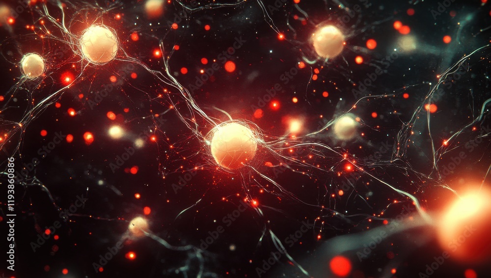 Poster abstract depiction of neurons with glowing connections and vibrant particles, illustrating complex n