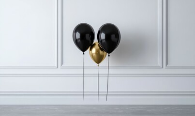 Sleek black and gold balloon trio floating on a polished silver floor, black balloons, sleek balloons