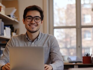 A Young Man Smiling While Working on a Laptop at a Table Indoors