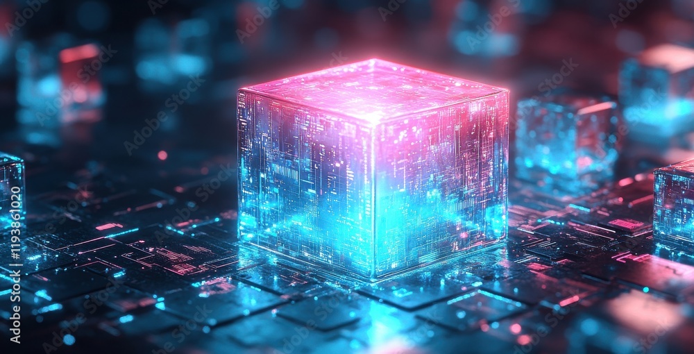 Poster abstract digital art of a glowing cube surrounded by luminous blocks, creating a futuristic atmosphe