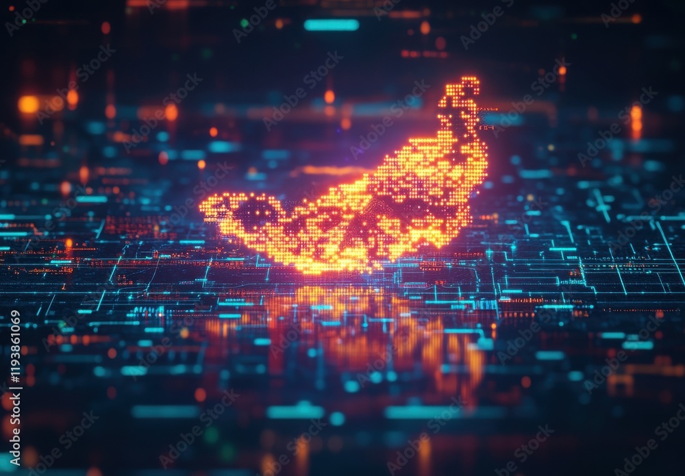 Poster abstract digital art representation of a fiery butterfly emerging from a matrix of glowing data poin