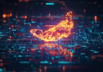 Fototapeta premium Abstract digital art representation of a fiery butterfly emerging from a matrix of glowing data points, showcasing technology and nature in harmony, vibrant colors.