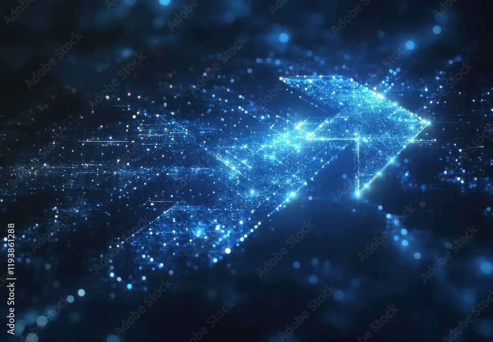Poster Abstract Digital Background Featuring Glowing Arrows and Particles Illustrating Progress and Innovation in Technology and Data Transmission Concepts