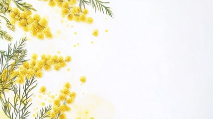 Obraz premium Yellow mimosa flowers and green foliage on a white background. Greeting Easter postcard with copy space. Womens day