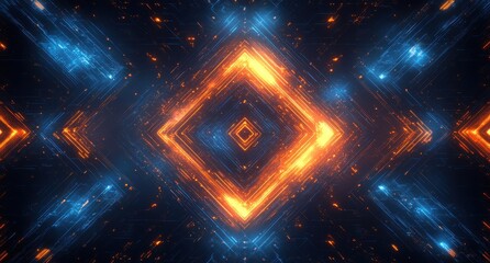 Obraz premium Abstract digital background featuring glowing orange and blue neon lines in a symmetrical diamond pattern against a dark backdrop, perfect for high-tech visuals and modern designs.