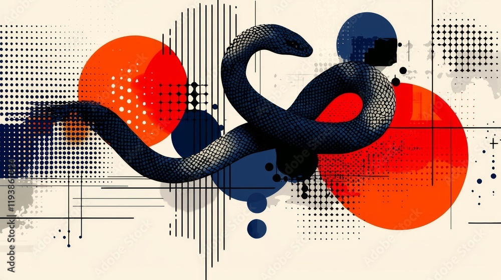 Aufkleber artwork features snake created from intertwining geometric shapes and vivid colors all set against c
