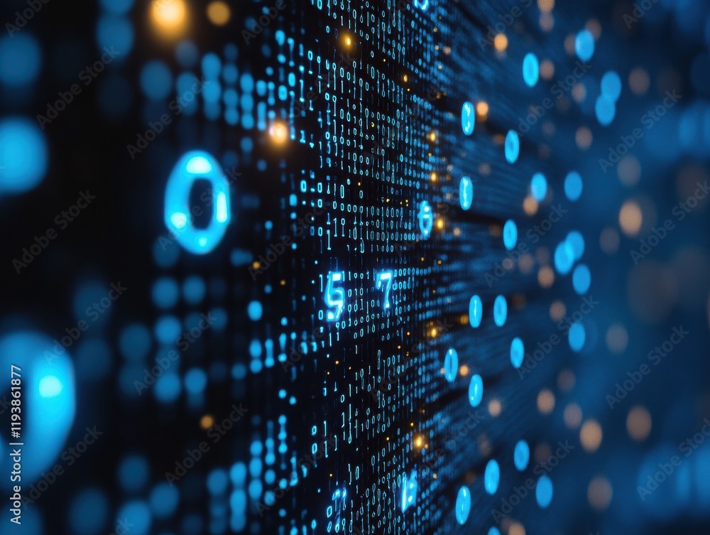Poster abstract digital background with glowing binary code, numbers, and sparkling light effects for techn
