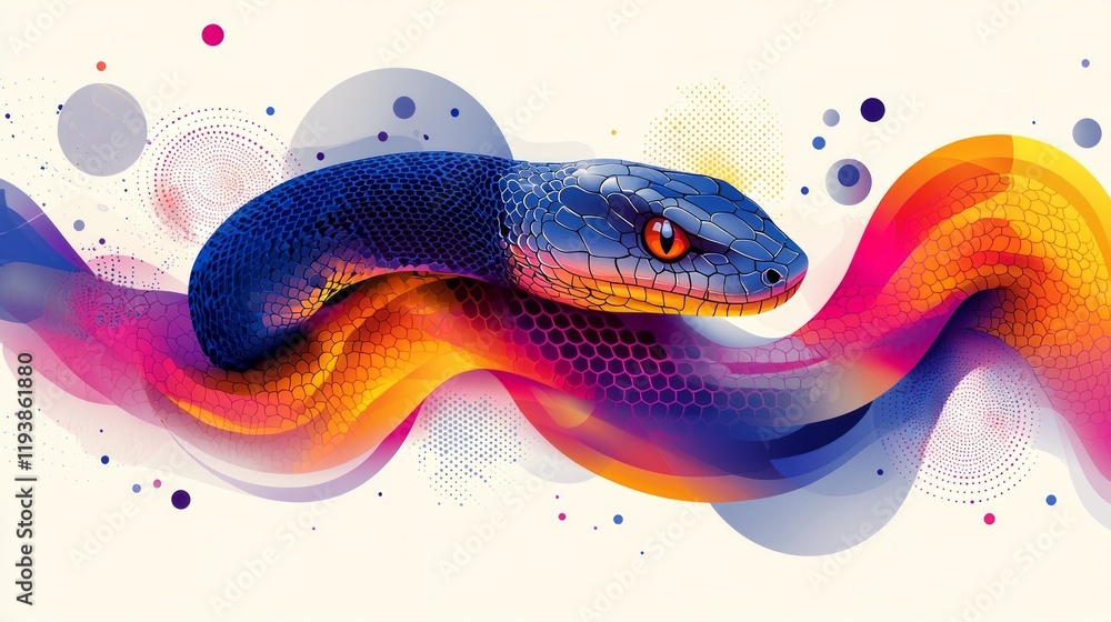 Poster abstract representation of snake is composed of intertwining geometric shapes. bold colors contrast 