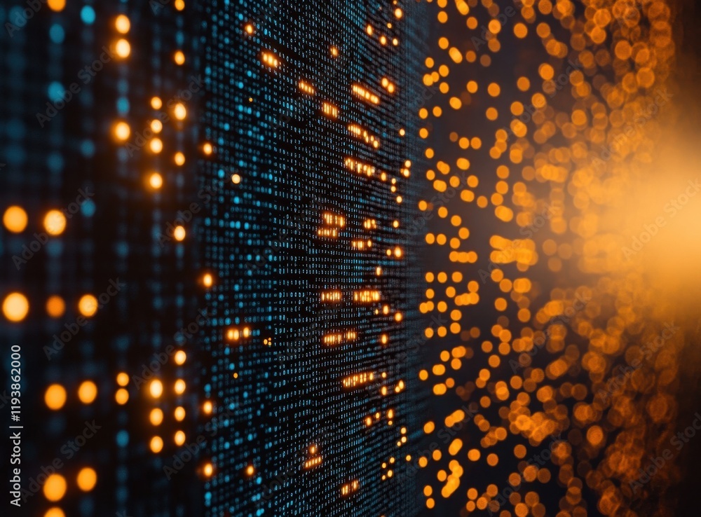 Poster abstract digital background with glowing dots in blue and orange colors representing data visualizat
