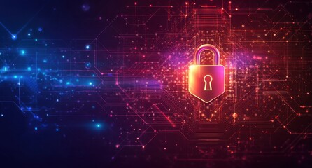 Abstract digital background with glowing padlock symbol representing data security, cyber protection, and technology innovation in a futuristic design space.
