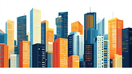 Vibrant Modern City Skyline with Colorful Skyscrapers and Illuminated Windows Under a Bright Blue Sky at Sunset