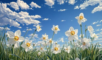 The elegant curves of the narcissi petals are accentuated by the clear blue sky and green grass, garden, field of flowers