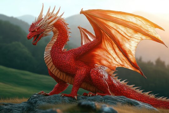 Majestic Red Dragon in Medieval Style with Vibrant Landscape