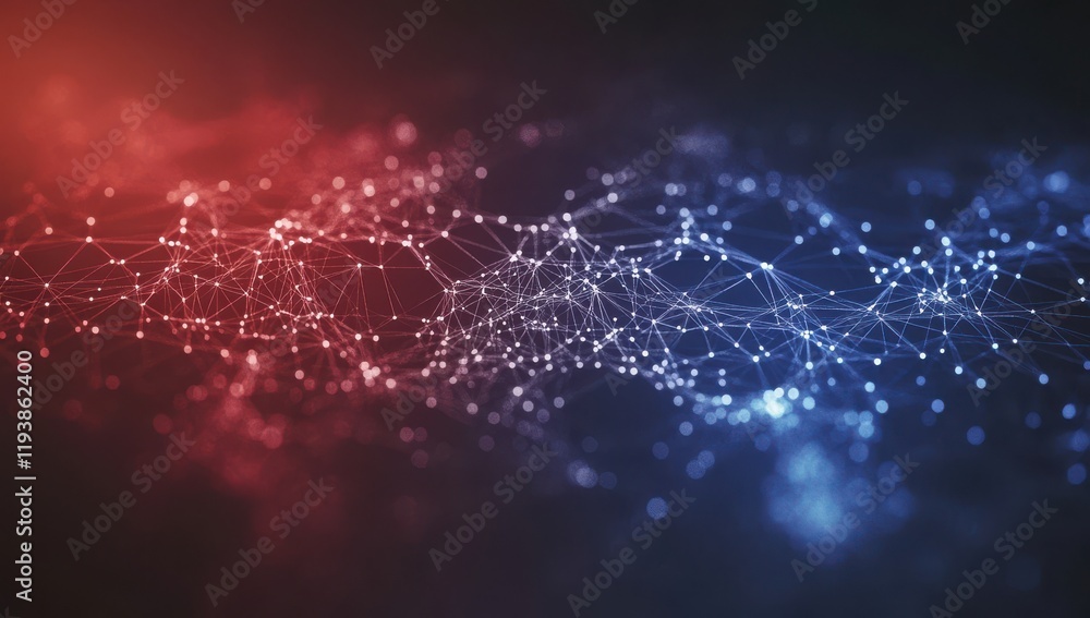 Poster abstract digital background with red and blue network of lines and dots creating a modern technology
