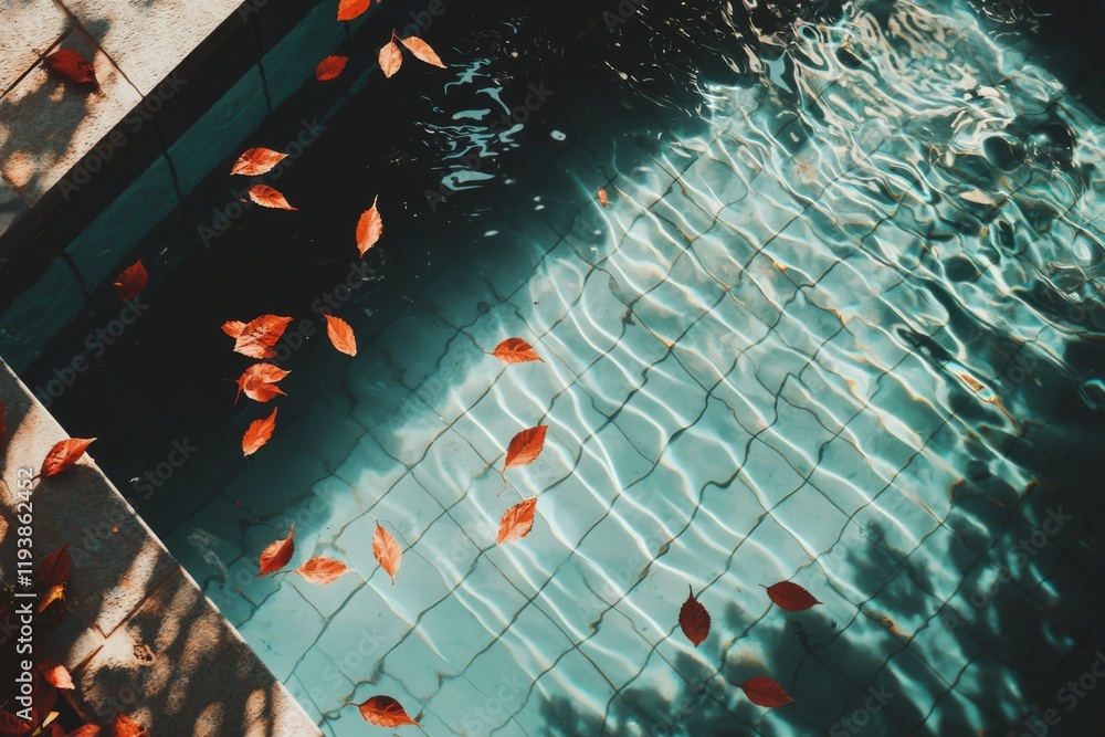 Poster vibrant summer poolside scene with autumn leaves floating on calm water surface from above view