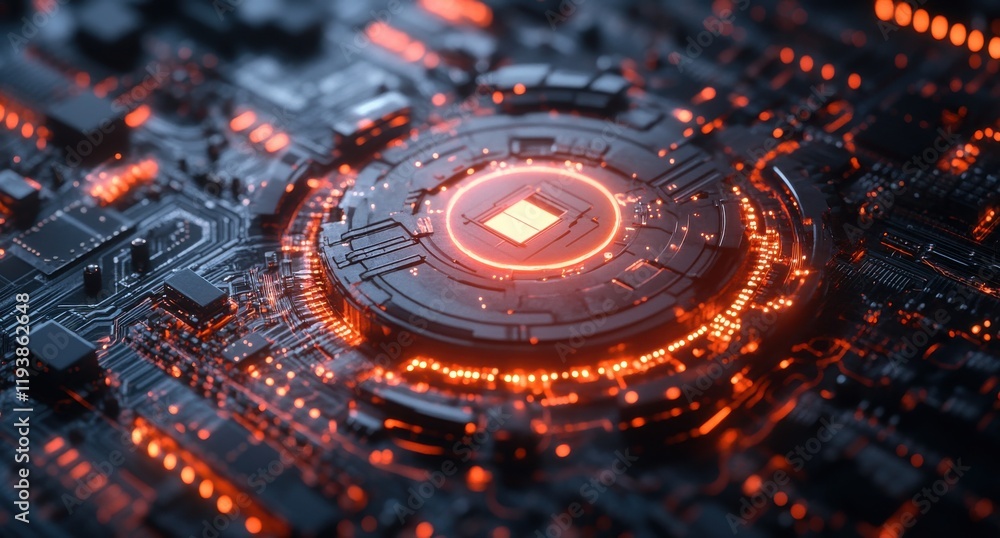 Poster abstract digital circuit board background with glowing orange elements and central chip technology c