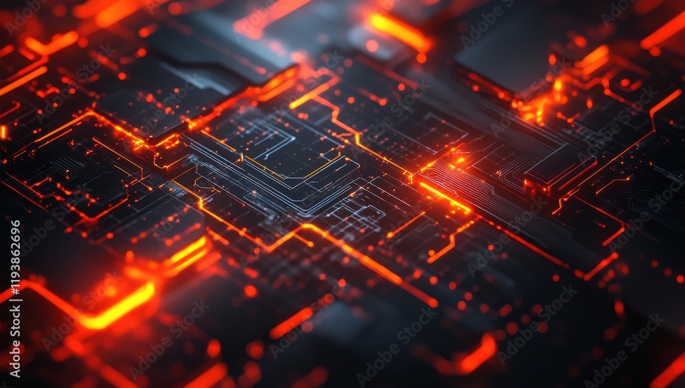 Poster abstract digital circuit design with glowing orange lines and patterns, showcasing modern technology