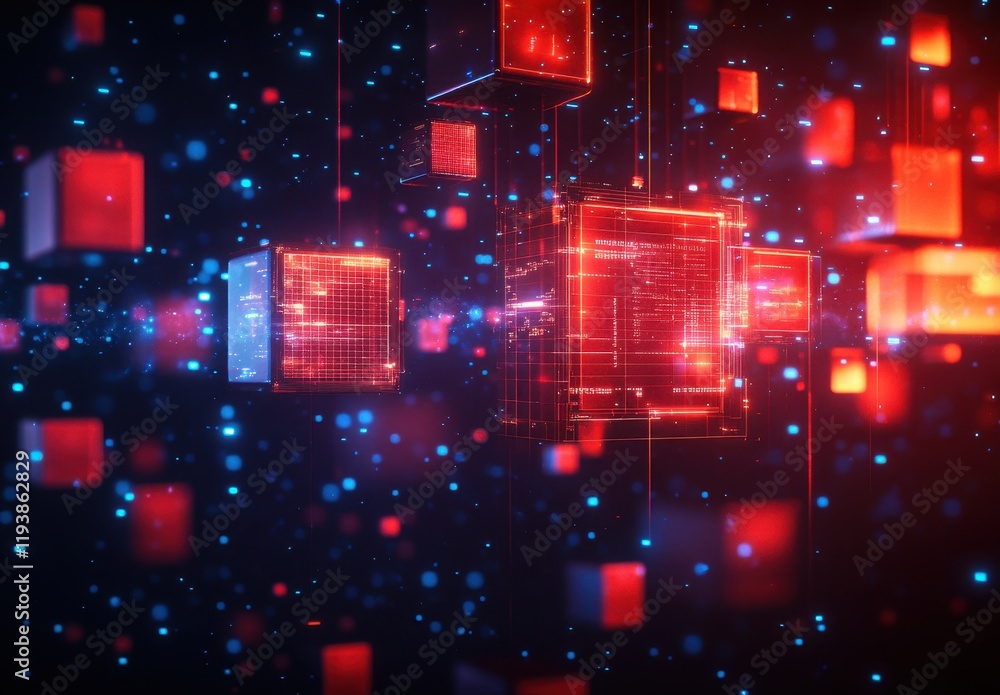 Poster abstract digital composition featuring glowing red and blue cubes floating in space, creating a vibr