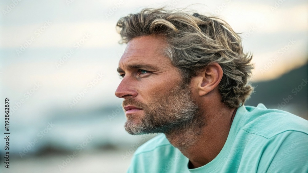 Poster a striking portrait of a man whose face is enveloped in a subtle gradient shifting from a cool mint 