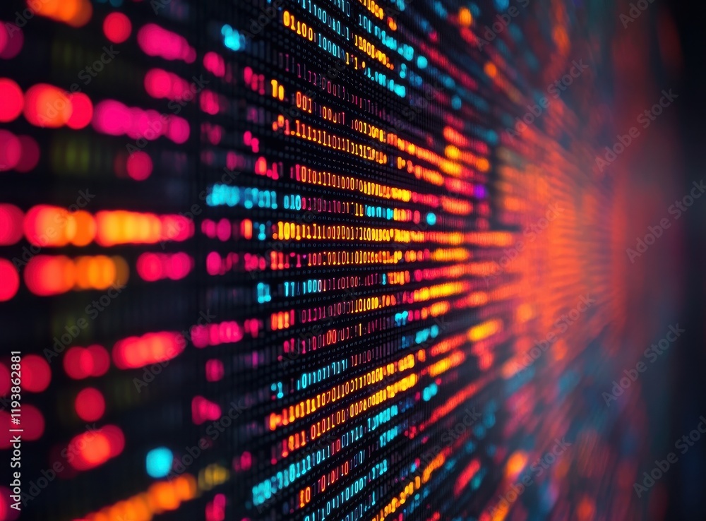 Poster abstract digital data representation with colorful binary code patterns and textures for technology 