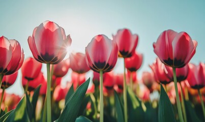 Vibrant tulip fields stretching towards the sky, flowerbed, blooming flowers, nature