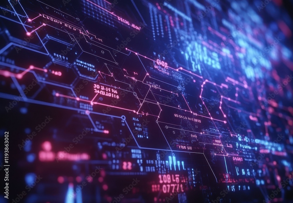 Poster abstract digital data visualization with neon colors and geometric patterns representing technology,