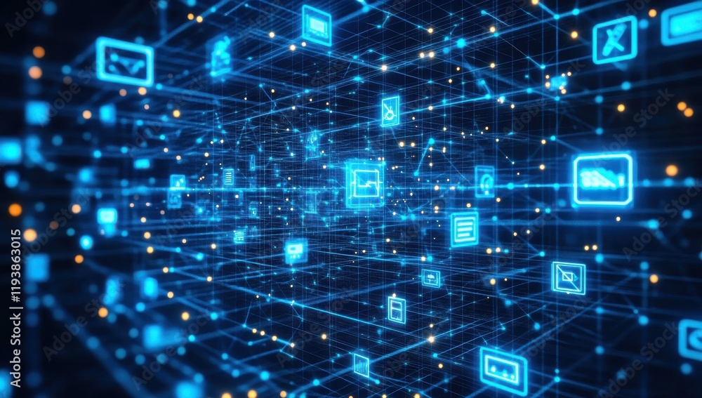 Aufkleber abstract digital data visualization with glowing blue icons and nodes representing technology, infor