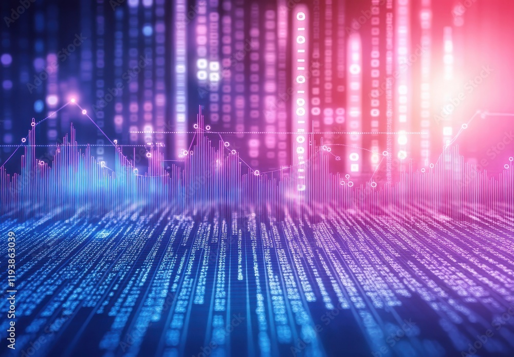 Poster abstract digital data visualization with vibrant colors showcasing graphs, numbers, and coding eleme