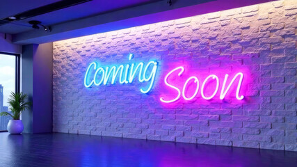 neon pink and blue lettering Coming soon on white brick wall in modern interior, studio