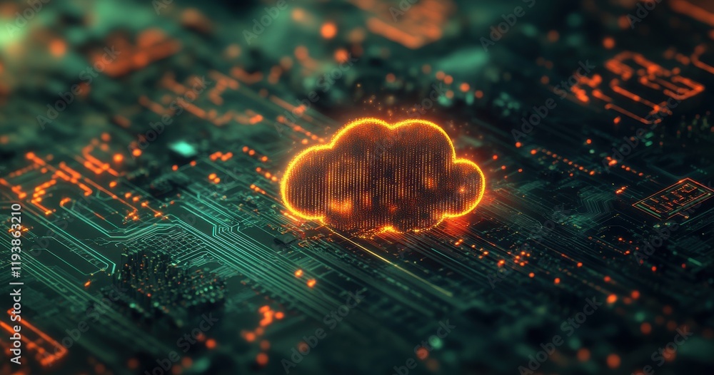 Poster abstract digital illustration of a glowing cloud icon on a futuristic circuit board background repre