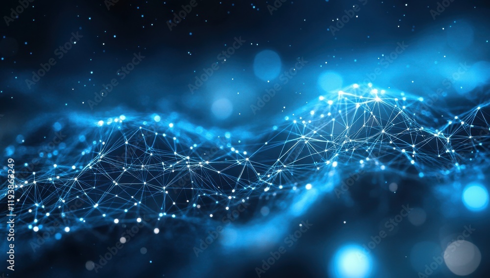Poster abstract digital illustration of blue network connection with glowing dots and lines representing da