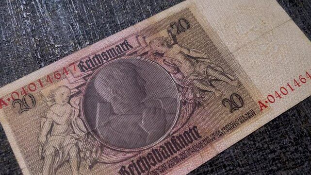 Collection of old German banknotes twenty marks 1929. Reverse view of old German money.