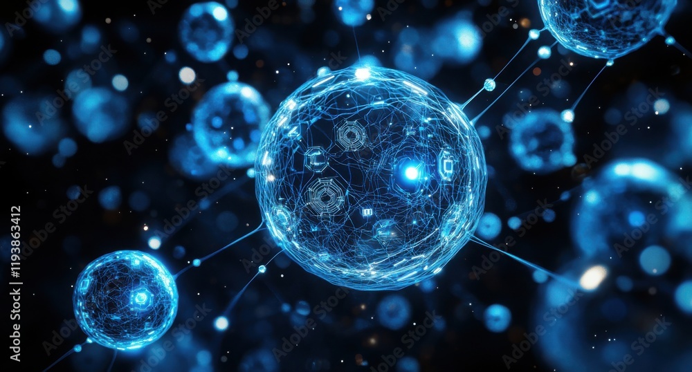 Poster abstract digital illustration of glowing blue cells and molecular structures with interconnected lin