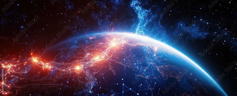 Poster global communication technology networking and internet business in futuristic cyberpunk earth from 