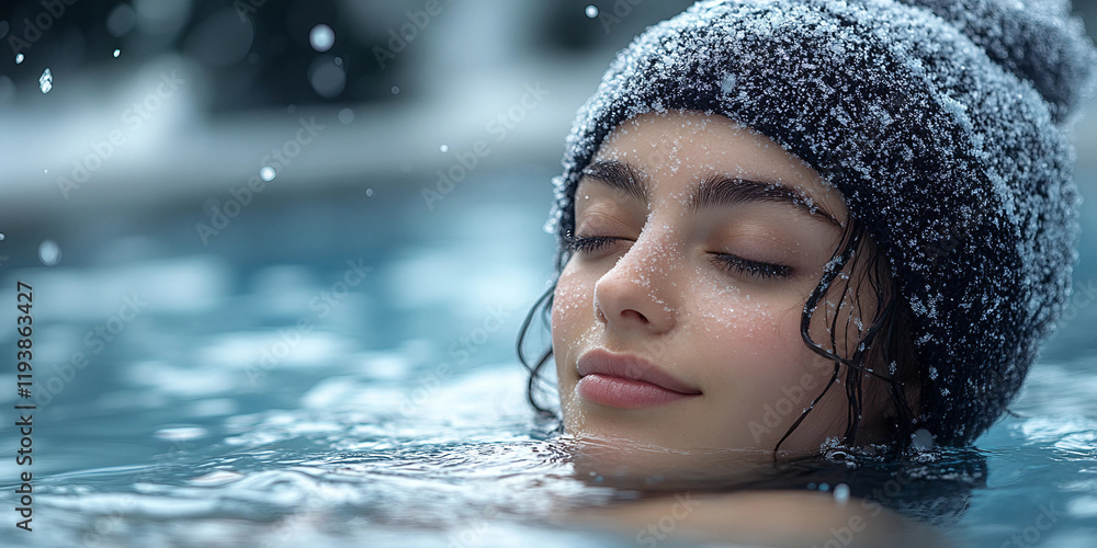 Wall mural portrait of a person in winter, portrait of a person in the pool, spa time