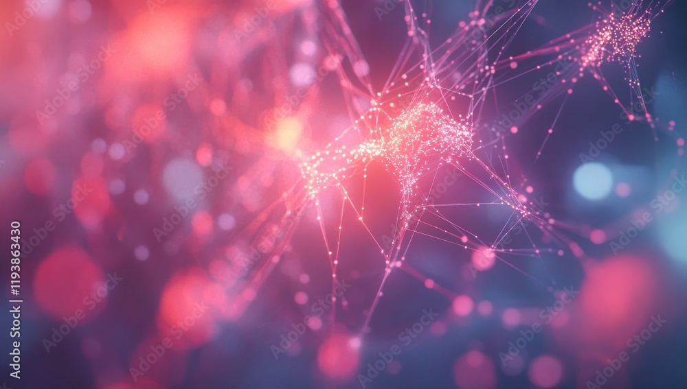 Poster abstract digital illustration of interconnected nodes and glowing particles, depicting the complexit