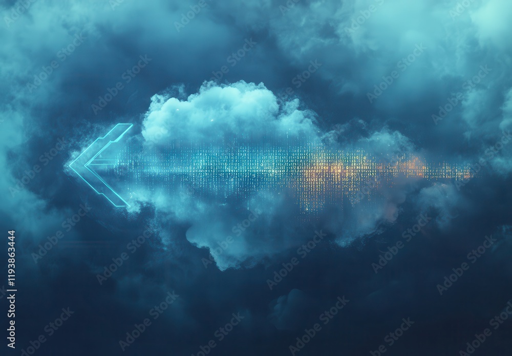 Poster abstract digital illustration of sound waves represented by glowing dots reflecting in water amidst 