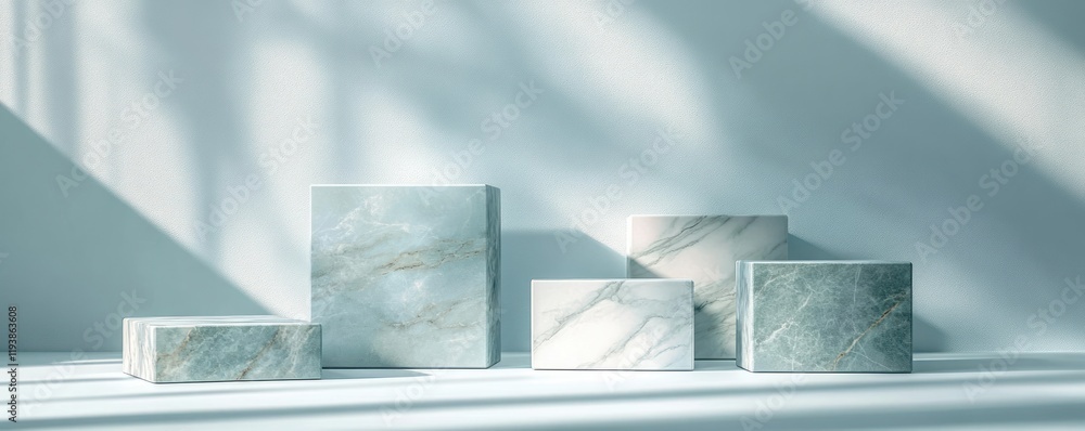 Aufkleber minimalist marble block display with soft shadows on blue surface
