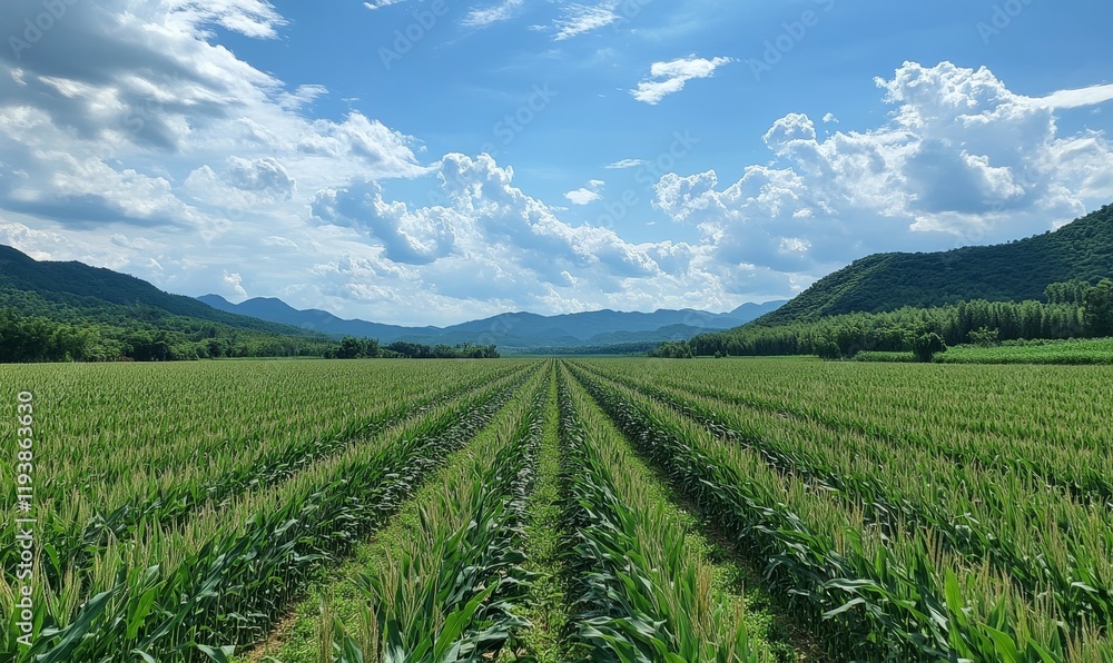 Poster sweeping view of a vast corn field with rows of tall stalks stretching as far as the eye can see, sw