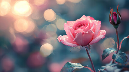 A beautiful pink rose with dew drops, surrounded by dreamy bokeh background, evokes soft romantic atmosphere