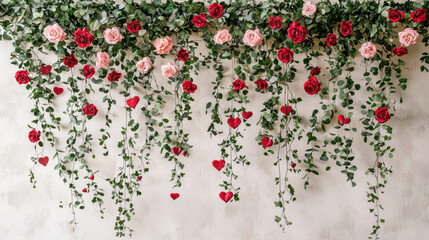 A Hanging floral garland with red and pink roses, hearts, and greenery creates romantic love concept