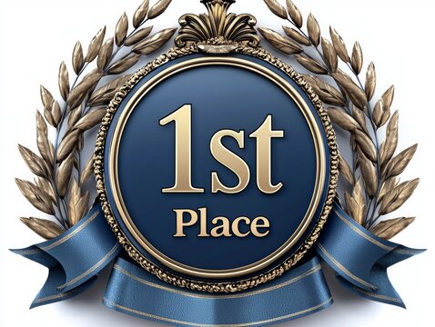 professional illustration features sleek 1st place banner adorned flowing ribbons and golden laurels perfect for digital or print media focused on achievement and excellence.