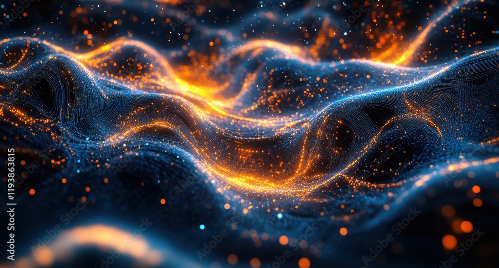 Aufkleber abstract digital landscape featuring waves of glowing particles in vibrant orange and blue tones, cr